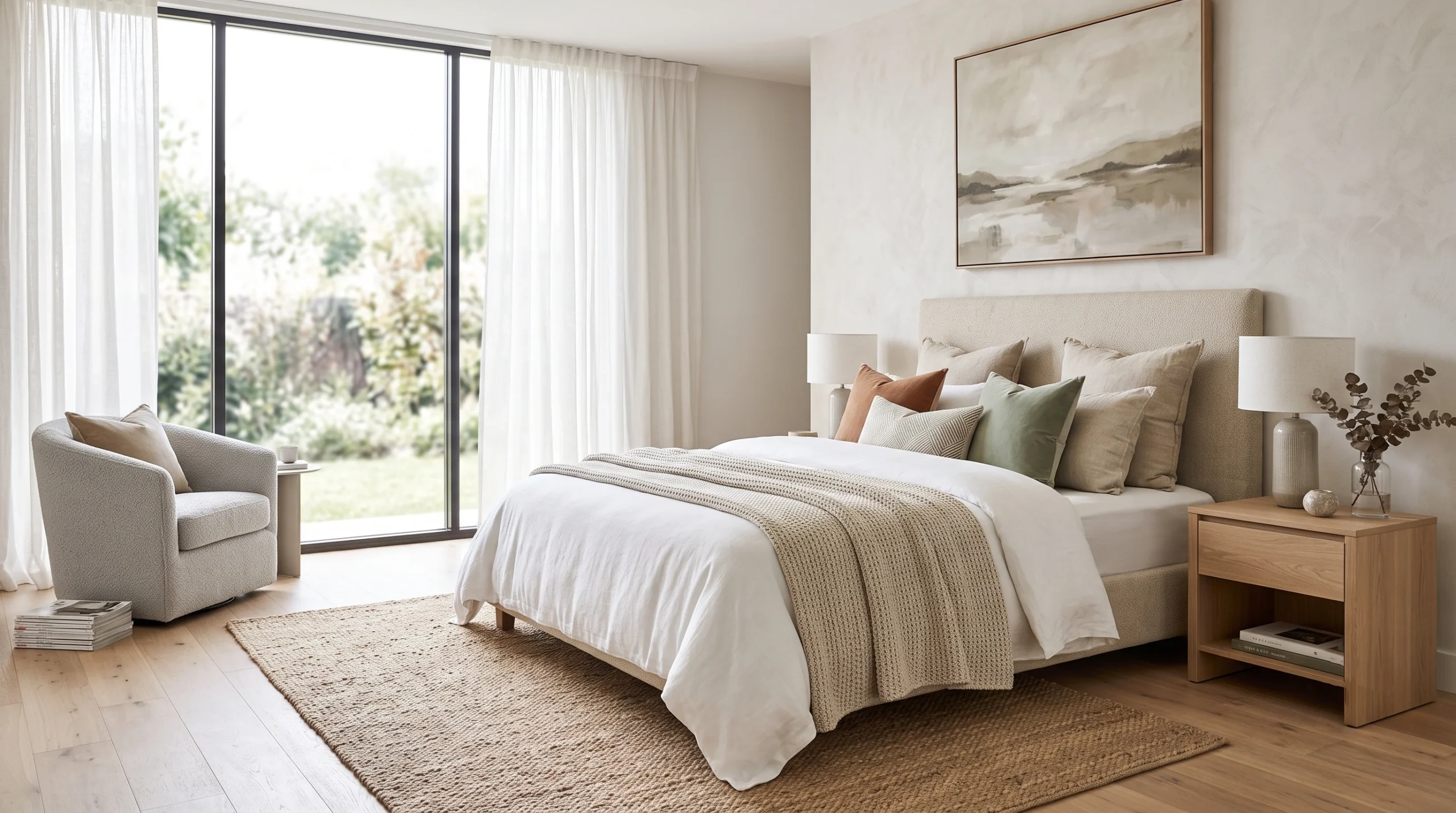 Luxurious master bedroom featuring a plush upholstered bed, layered neutral bedding, sophisticated lighting, and elegant decor.