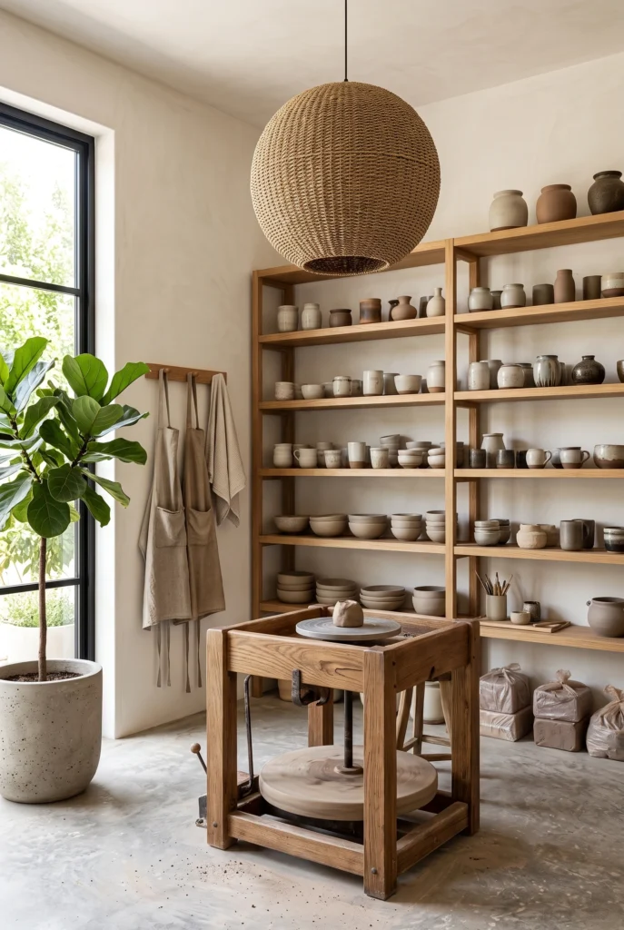Japandi artisan pottery studio featuring a wooden potter's wheel, floor-to-ceiling natural oak open shelving with hand-thrown ceramic vessels, a large woven seagrass sphere pendant light, and a potted Fiddle Leaf Fig near a large industrial window.