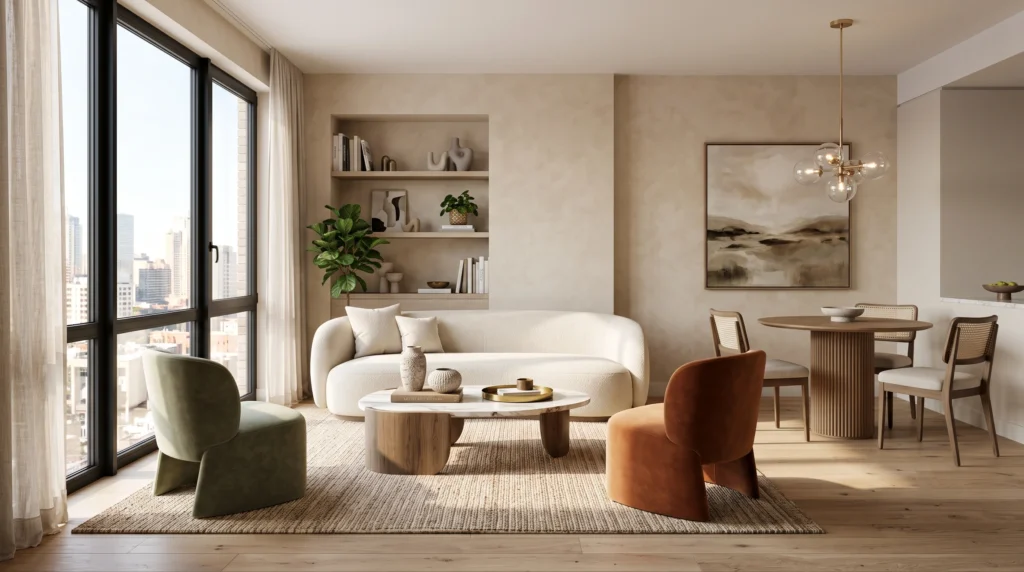 Beautifully designed modern apartment interior featuring chic furniture, clever space planning, and elegant decor.