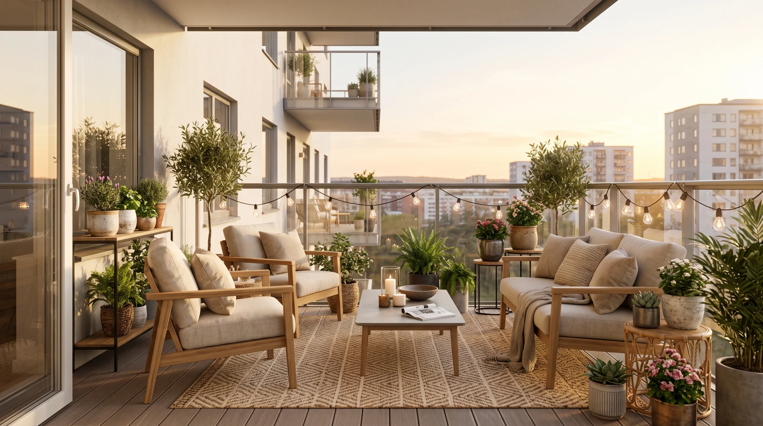 Stylish small balcony design featuring comfortable seating, lush potted plants, atmospheric string lights, and a scenic view.