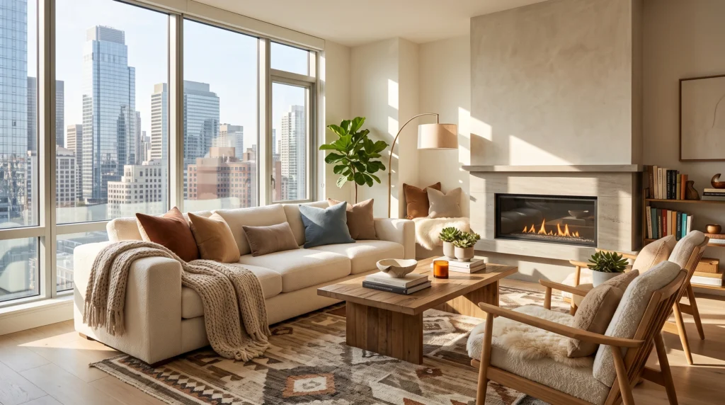 Warm and inviting interior showcasing cozy aesthetics with soft textures, warm lighting, and comfortable decor elements.