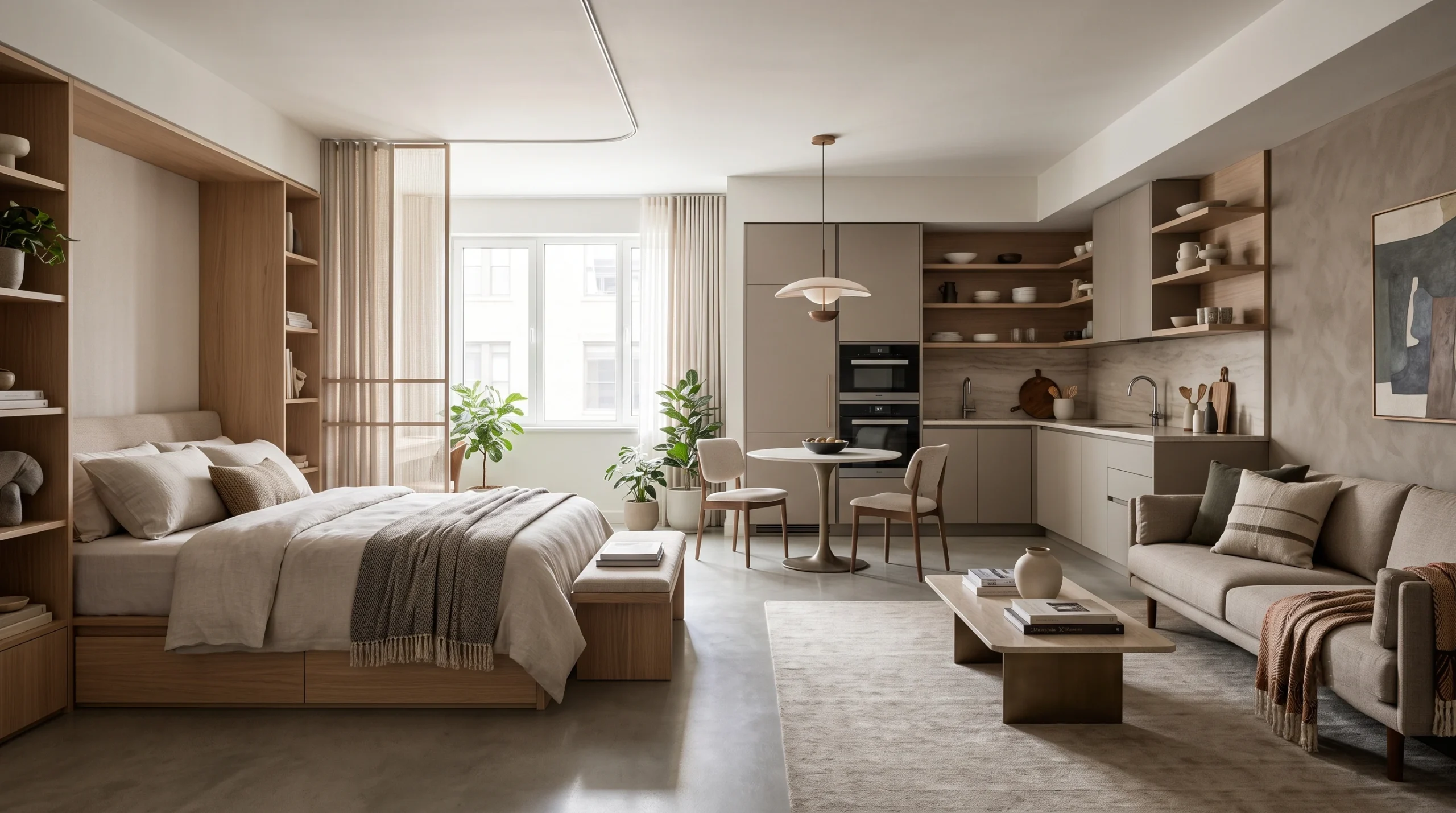 Modern and stylish studio apartment showcasing a functional layout with clearly defined living, sleeping, and kitchen zones.