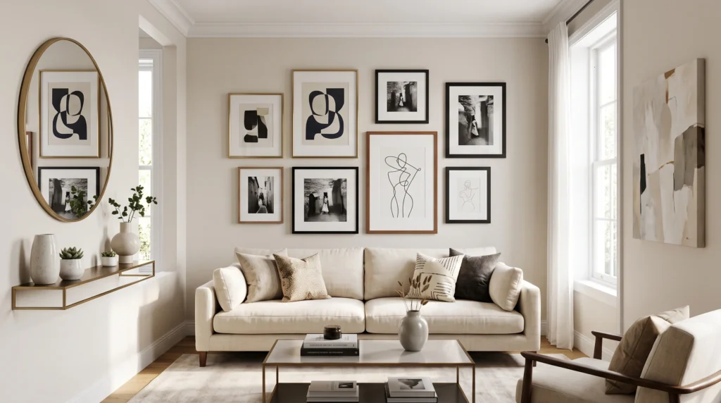 Upscale living room gallery wall with diverse framed art, abstract prints, and elegant decorative accents.