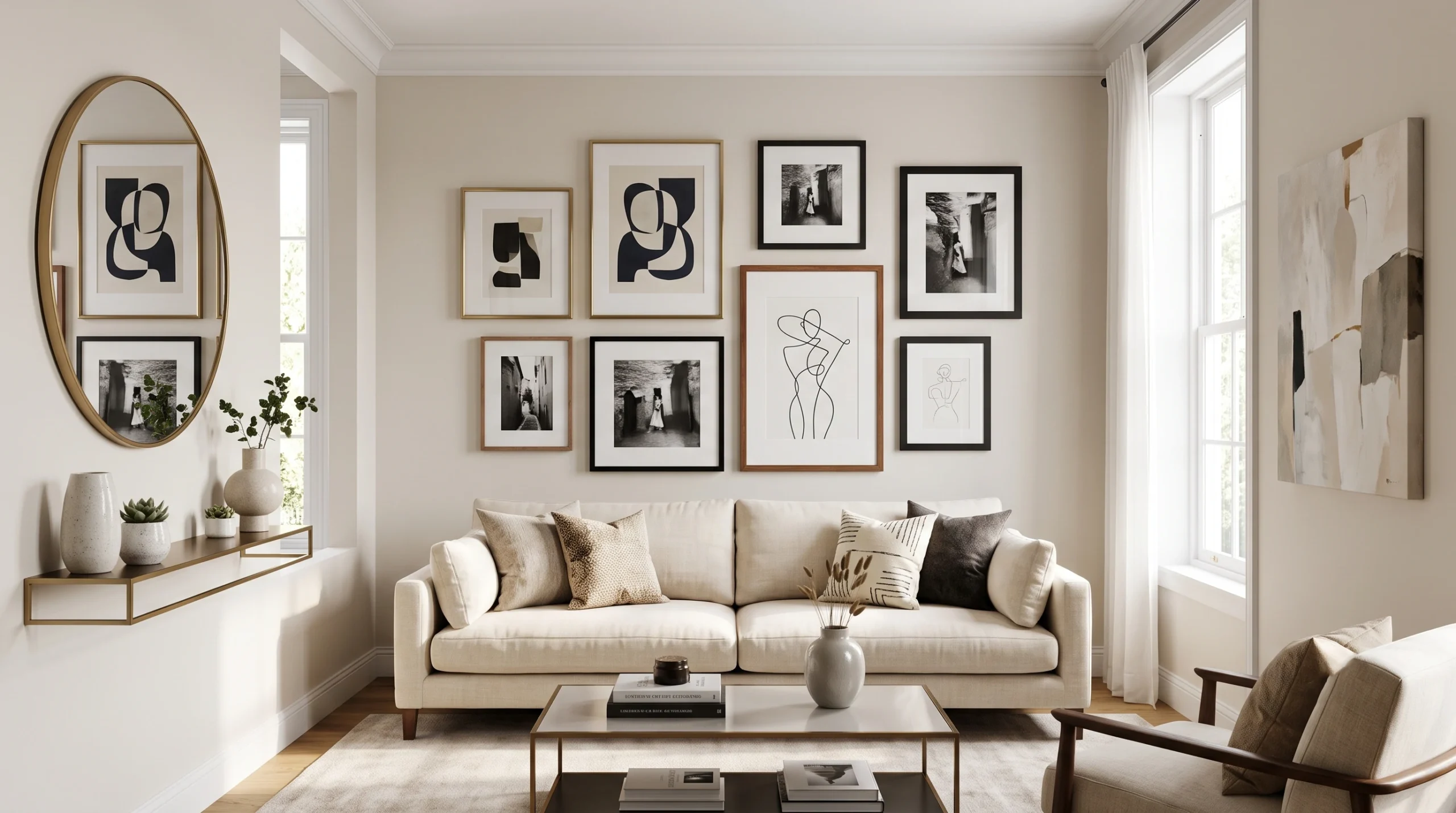 Stylish gallery wall in an upscale living room featuring diverse framed art, abstract prints, and elegant decorative accents.