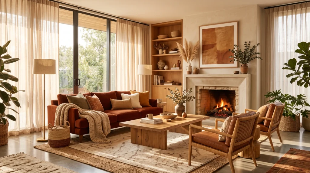 Elegant living room with warm aesthetics, natural light, rich wood finishes, and cozy textures for a welcoming home.