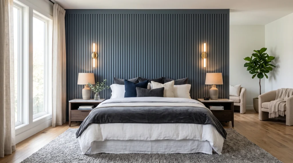 Striking accent wall bedroom featuring bold color contrast, rich textured paneling, statement wallpaper, and a captivating focal point design.