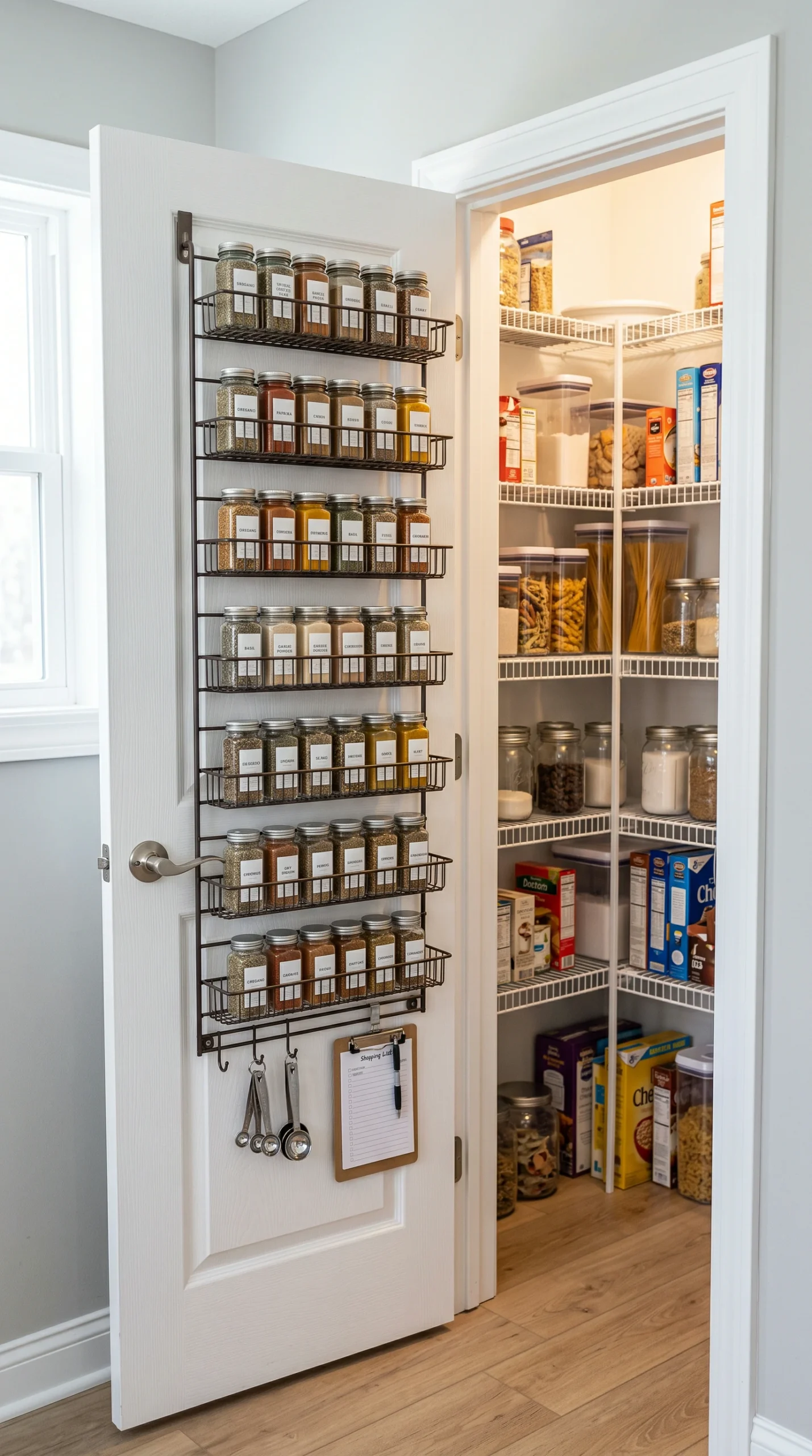 Open white pantry door with an adjustable wire rack attached to the back, filled with various organized spice jars.