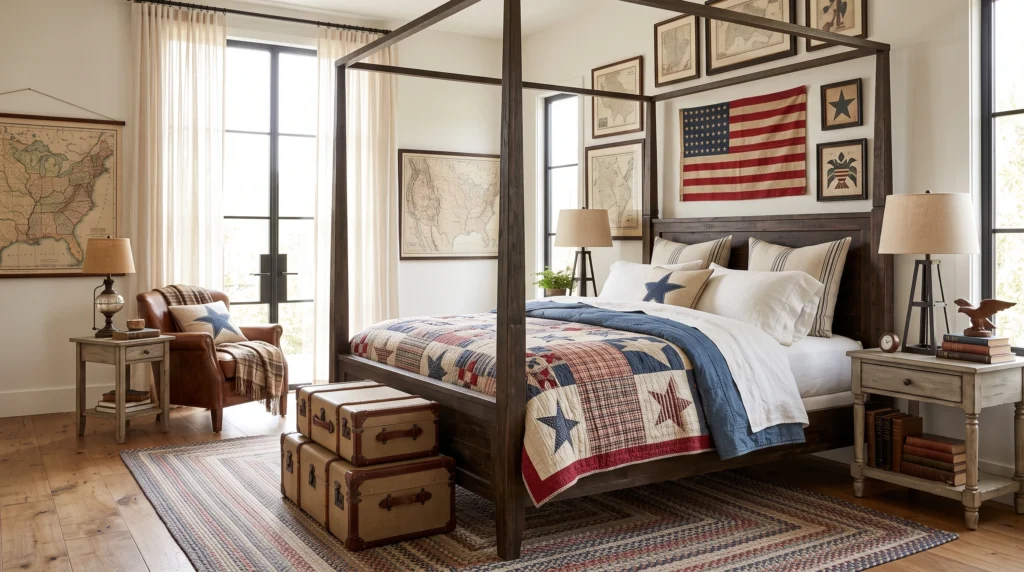 Classic Americana-style bedroom featuring rustic wooden furnishings, vintage patchwork quilts, traditional patriotic hues, and warm heritage charm.
