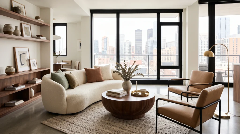 Compact apartment living room featuring multi-functional furniture, smart vertical storage, cozy layered textiles, and space-saving layout solutions.