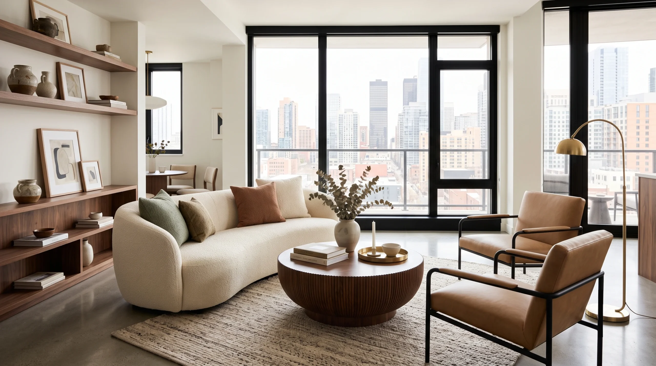 Compact apartment living room featuring multi-functional furniture, smart vertical storage, cozy layered textiles, and space-saving layout solutions.
