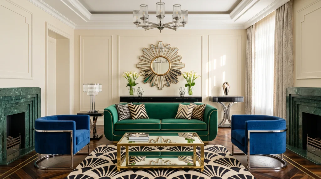 Sophisticated art deco interior design featuring bold geometric patterns, polished brass and chrome accents, luxurious velvet upholstery, and dramatic stylized motifs.