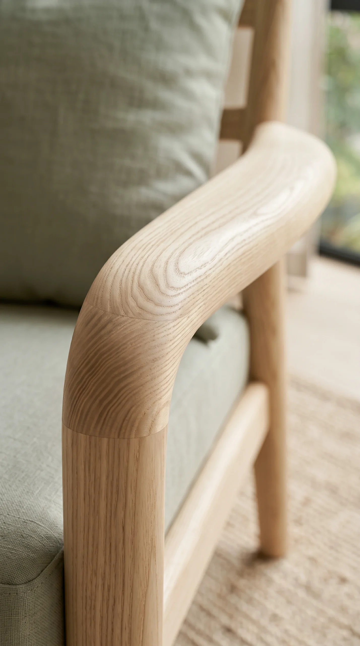 Close-up of a smooth, meticulously curved ash wood armrest on a modern lounge chair, emphasizing the natural wood grain and organic texture.