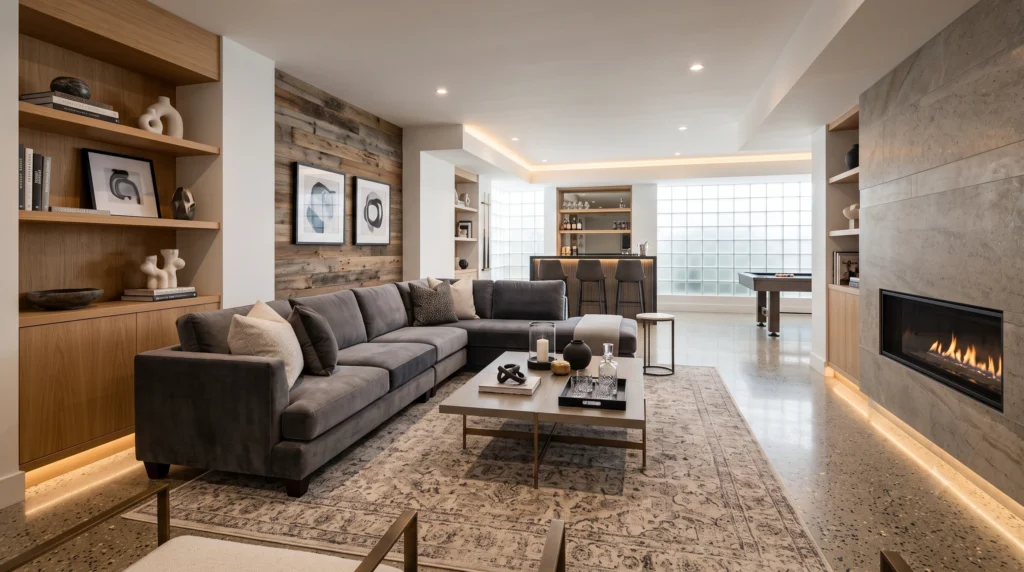 Functional basement ideas featuring custom entertainment zones, cozy home theater seating, durable luxury vinyl flooring, and smart built-in storage solutions.