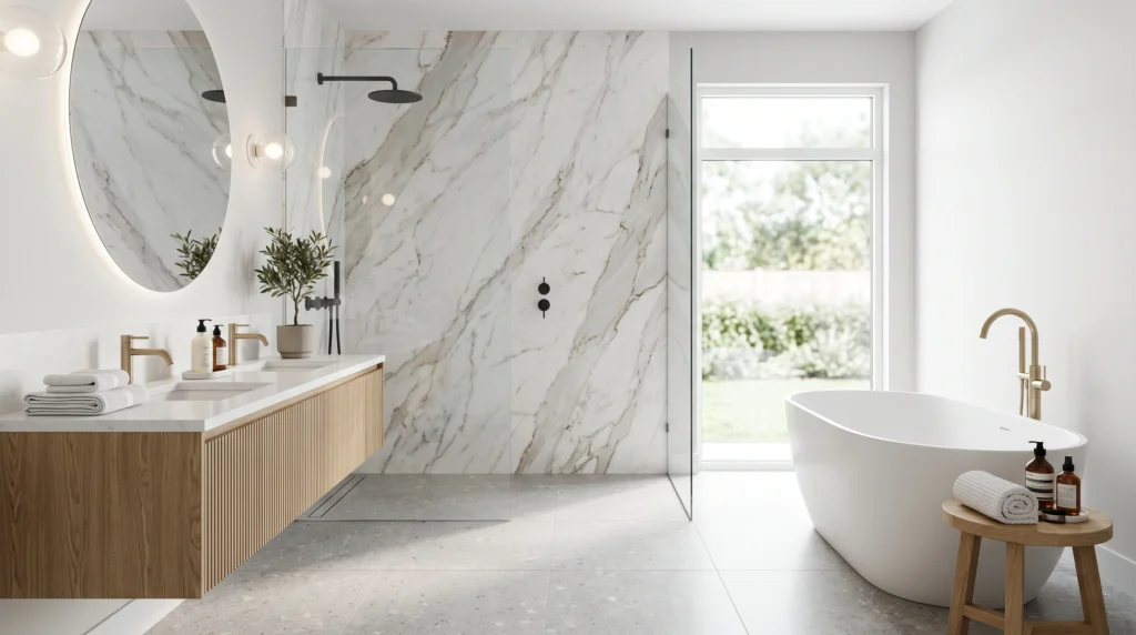 Luxurious modern master bathroom featuring sleek floating vanities, contemporary matte black fixtures, crisp marble tiles, and a freestanding soaking tub.