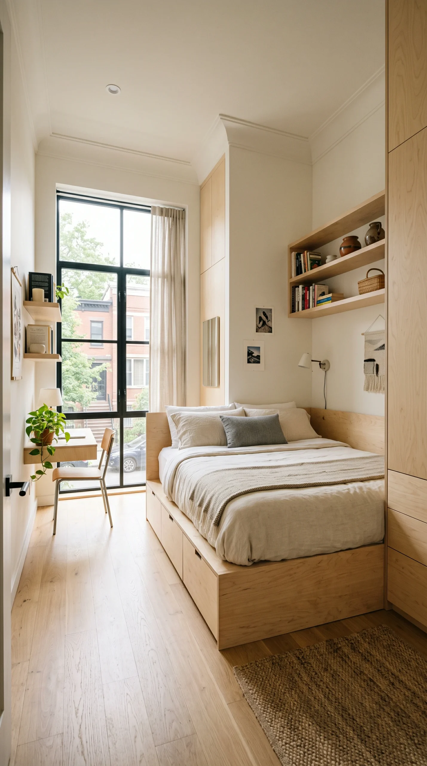 Vertical wide-angle view of a small bedroom featuring light birch wood platform bed with storage, built-in wardrobes, a window desk, and hardwood floors in a city apartment.