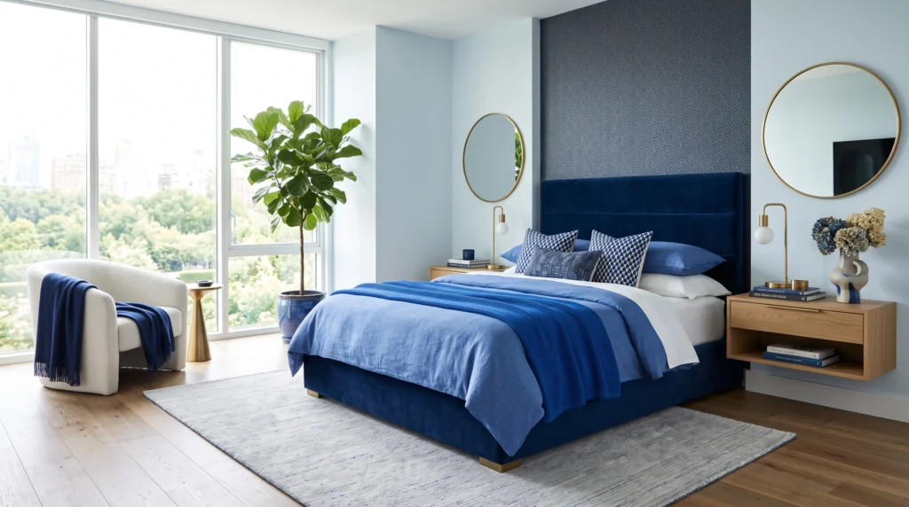 Serene blue aesthetic bedroom featuring calming azure and navy tones, soft layered bedding, ambient lighting, and elegant contemporary decor.