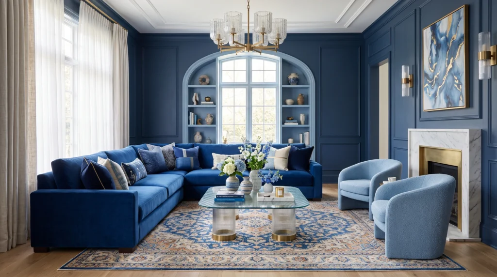 Serene blue living room featuring calming navy walls, plush velvet upholstery, crisp white trim accents, and natural wood touches.