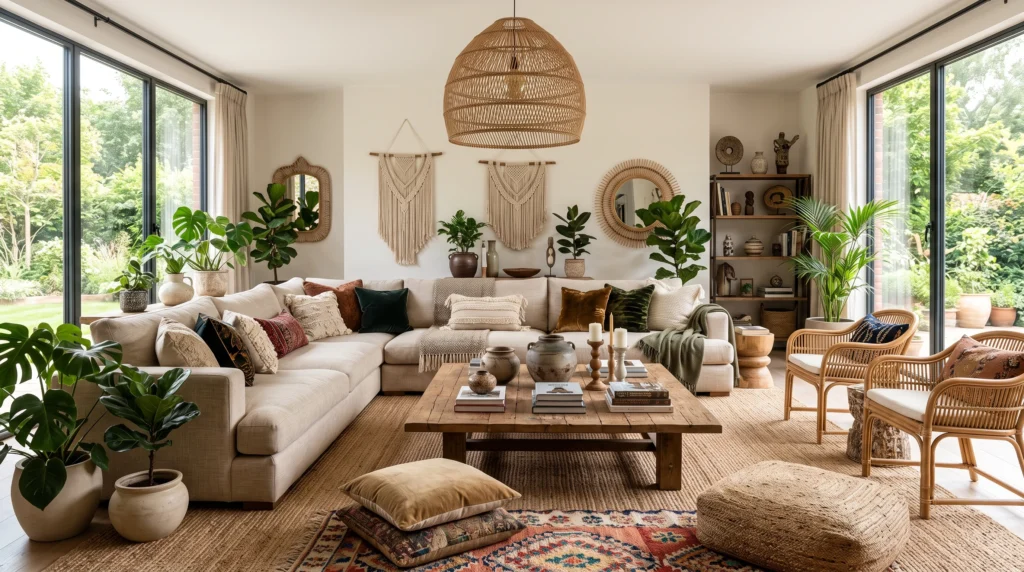 Vibrant boho living room featuring layered woven textiles, lush botanical plants, eclectic vintage furnishings, and warm ambient lighting.