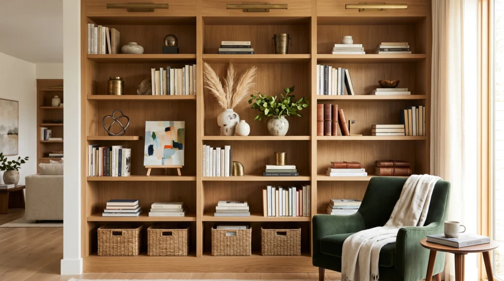 Curated bookshelf styling featuring color-coordinated book stacks, trailing pothos vines, decorative brass bookends, and sculptural ceramic objects.
