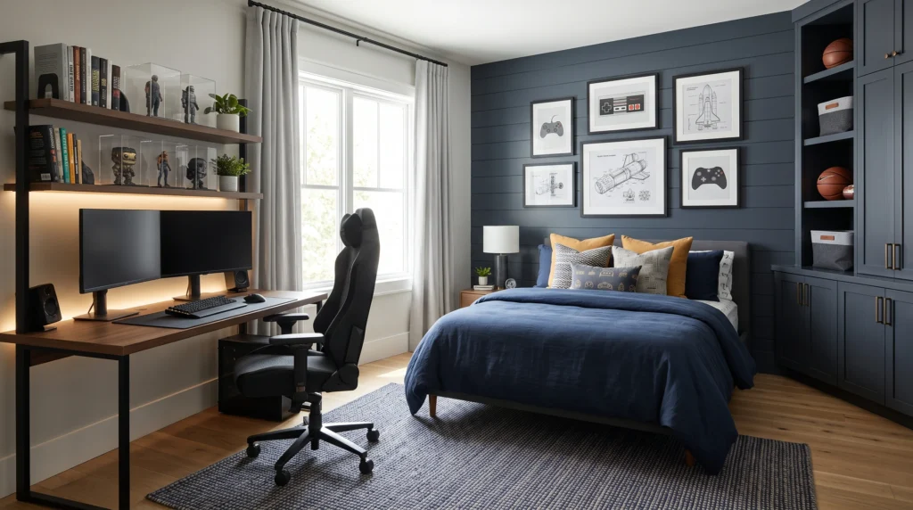 Adventurous boy room featuring versatile modular furniture, engaging interactive play zones, durable organized storage, and personalized decor accents.