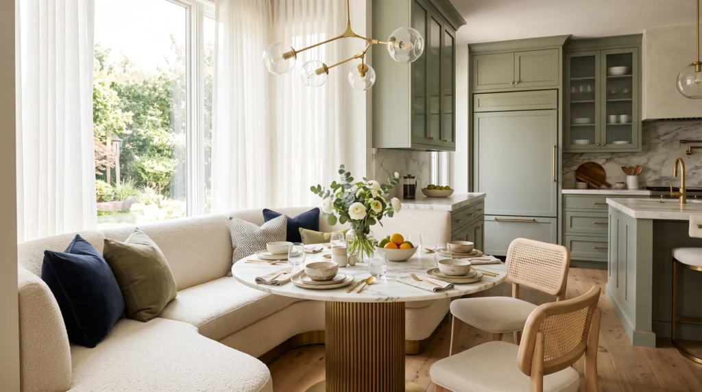 Cozy breakfast nook featuring built-in banquette seating, a compact pedestal dining table, comfortable upholstered cushions, and charming pendant lighting.