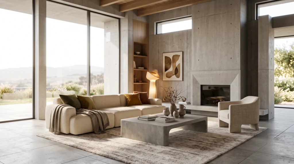 Striking brutalism interior design featuring raw concrete walls, minimalist industrial silhouettes, exposed structural elements, and bold sculptural forms.