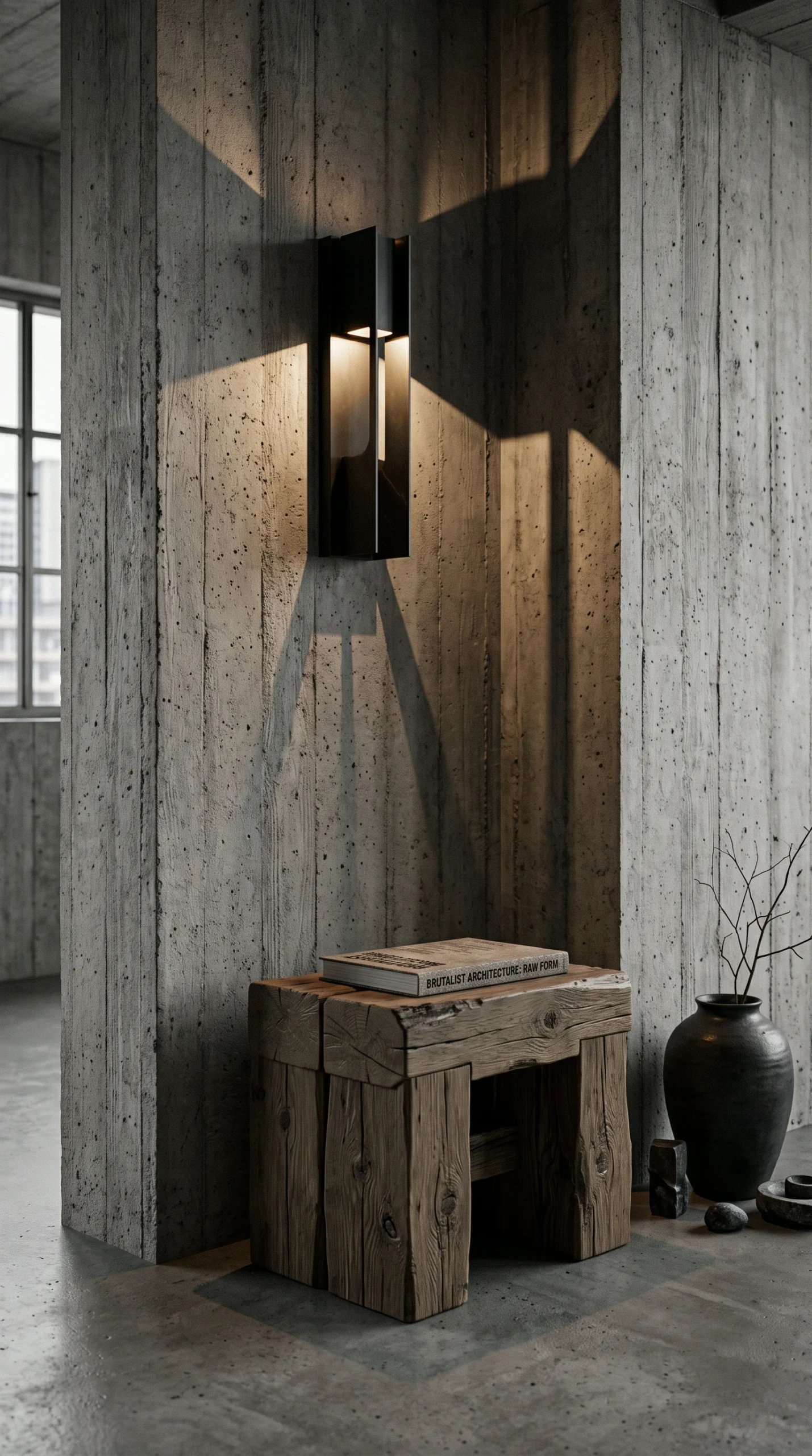 A chunky, primitive wooden stool sits on a concrete floor beneath a black modern wall sconce that is casting sharp, geometric shadows onto the concrete wall behind it.