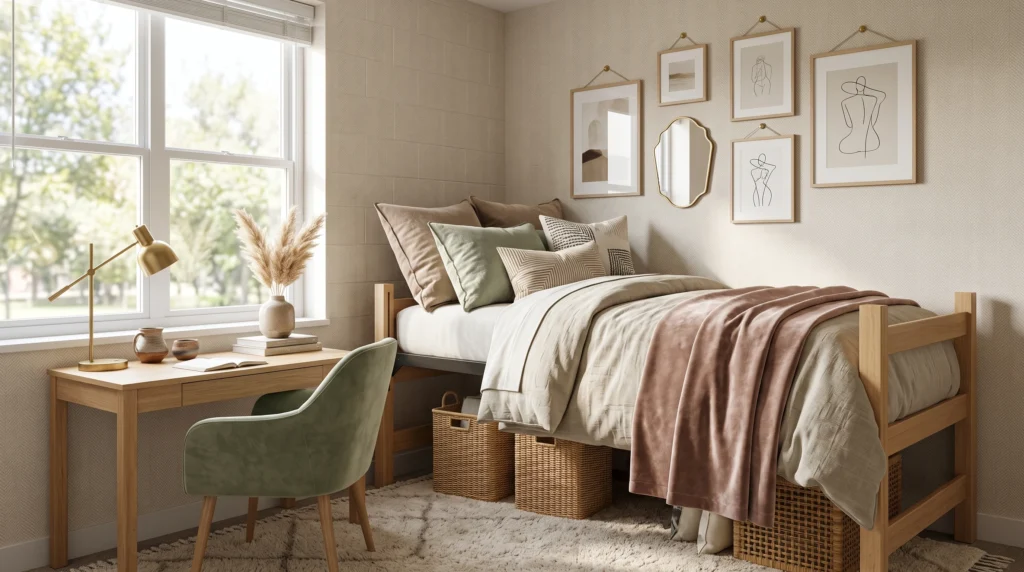 Chic dorm room featuring sophisticated metallic accents, luxurious textured bedding, curated aesthetic art prints, and elegant lighting.