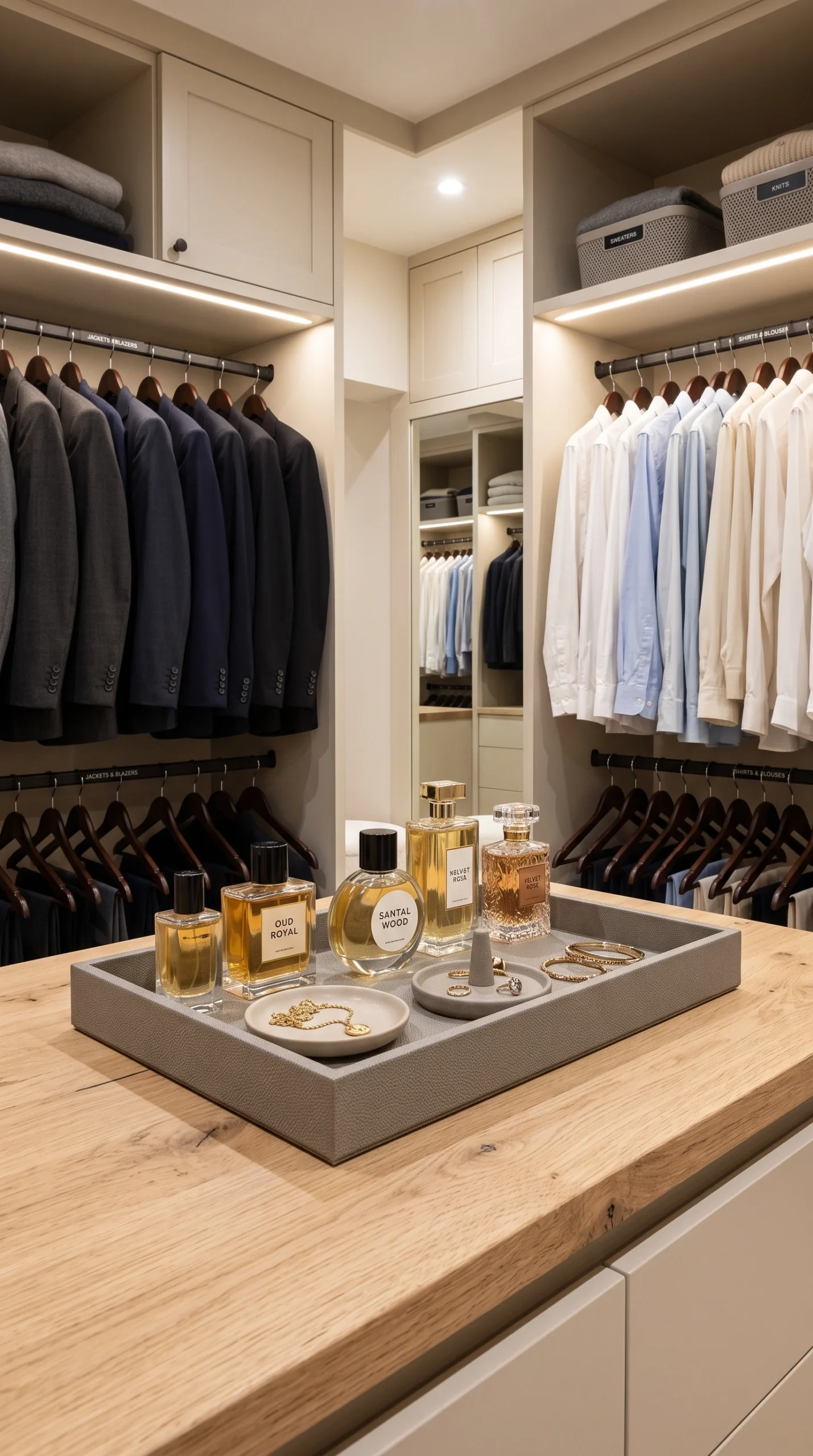 Stone grey tray holding perfume bottles and jewelry on a raw oak counter in a walk-in closet.