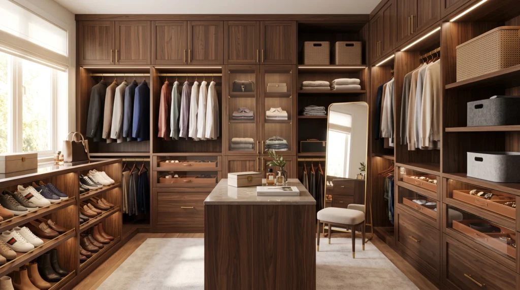 Streamlined closet ideas featuring custom double-hung clothing rods, pull-out accessory trays, adjustable shelving towers, and integrated LED wardrobe lighting.