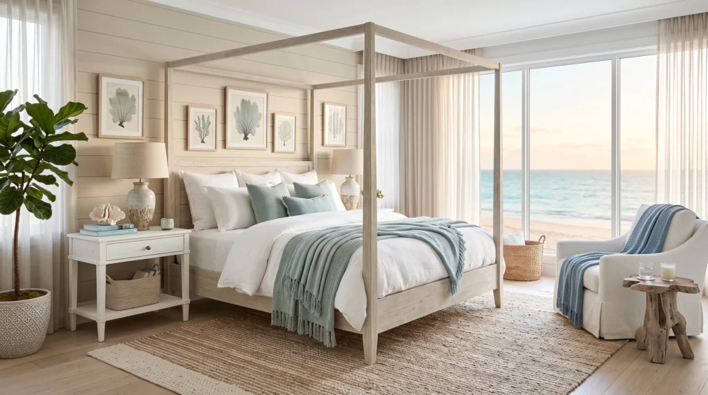 Serene coastal-style bedroom featuring crisp white and blue tones, breezy linen fabrics, natural rattan accents, and bright, sunlit windows.