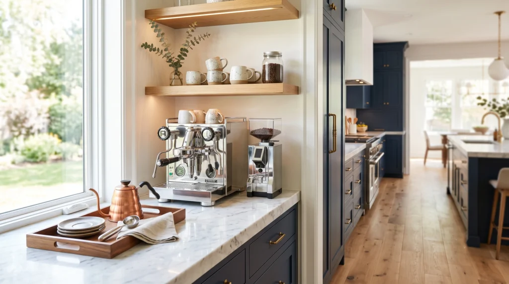 Functional coffee station featuring built-in mug racks, sleek espresso machine setups, organized syrup dispensers, and stylish counter trays.