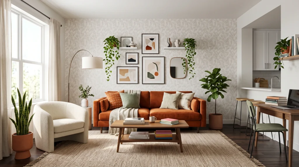 Stylish college apartment featuring multi-functional living spaces, budget-friendly chic furniture, cozy communal areas, and smart storage solutions.