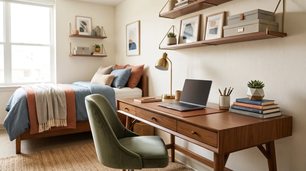 Organized college desk setup featuring ergonomic study seating, efficient desktop storage, functional task lighting, and clutter-free organization.