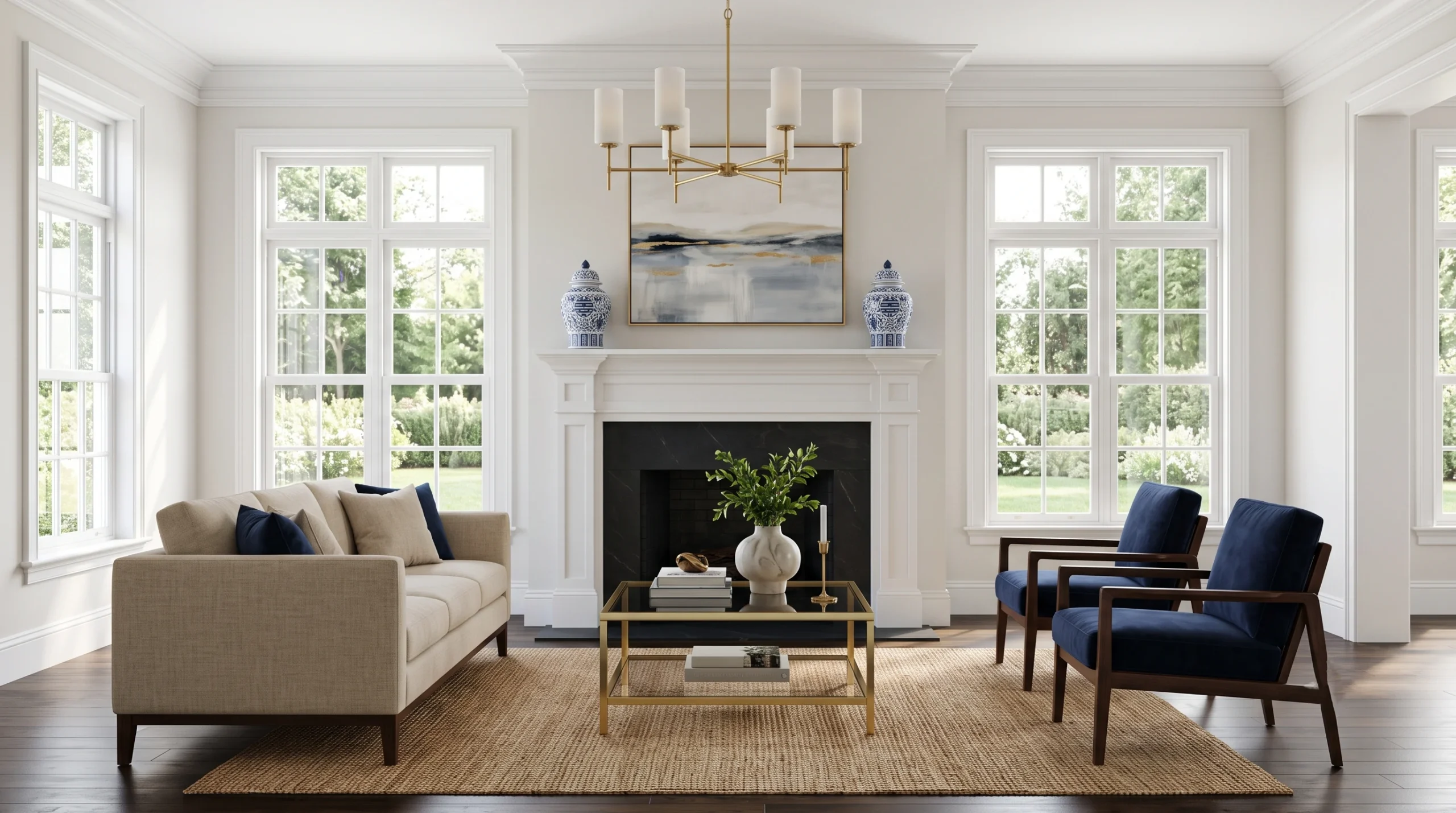 Glamorous neo deco interior design featuring sleek geometric patterns, polished metallic accents, luxurious velvet upholstery, and sophisticated modern lines.