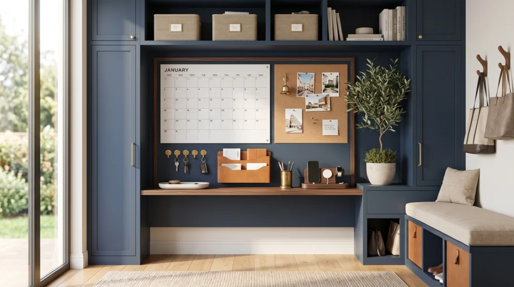Streamlined family command center featuring magnetic dry-erase calendars, custom mail drop slots, sleek brass key hooks, and daily task organization boards.