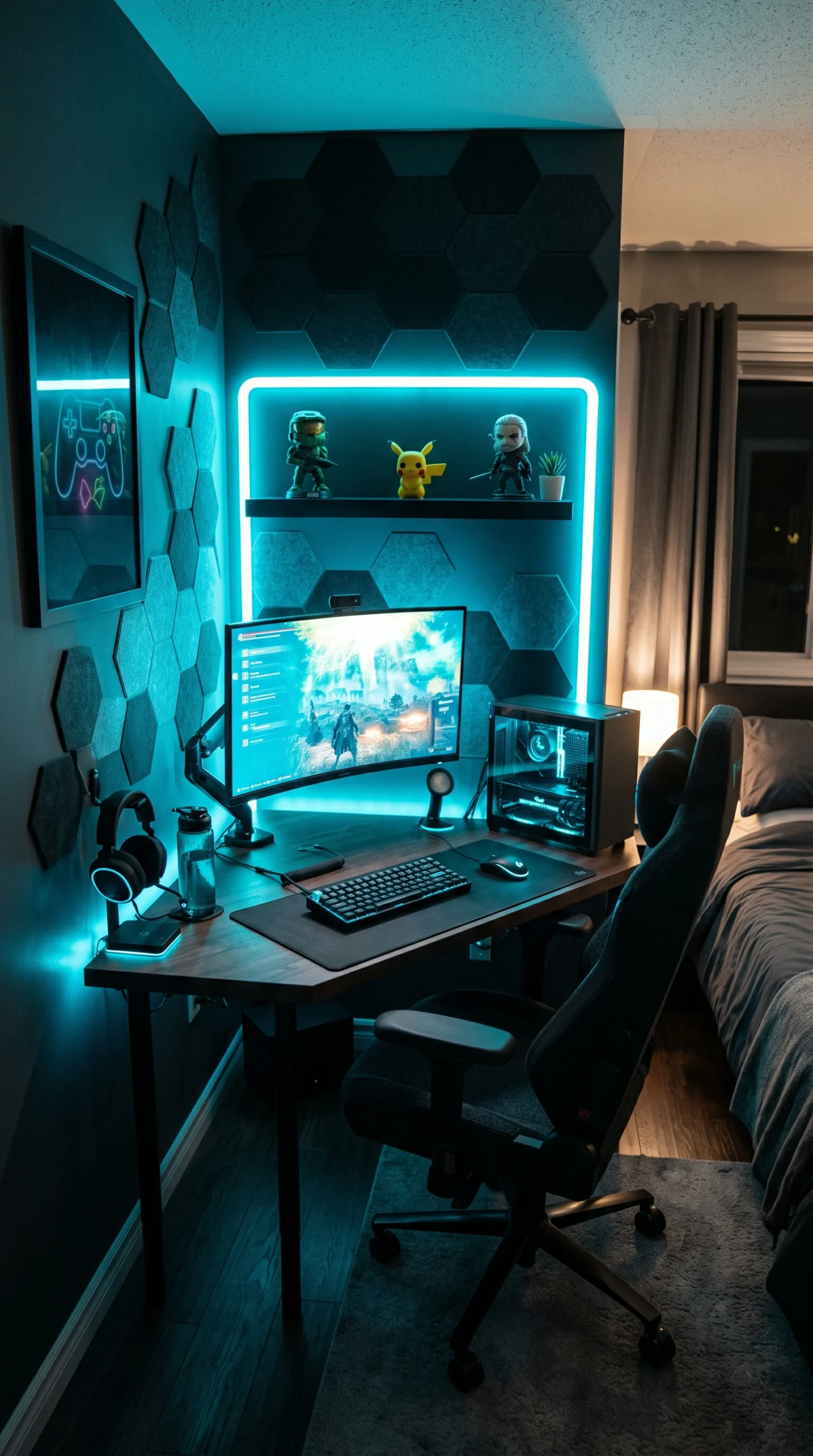 Compact stealth charcoal gaming desk in a bedroom corner with a curved monitor, gaming PC, and cyber cyan LED backlighting illuminating hexagon wall panels.