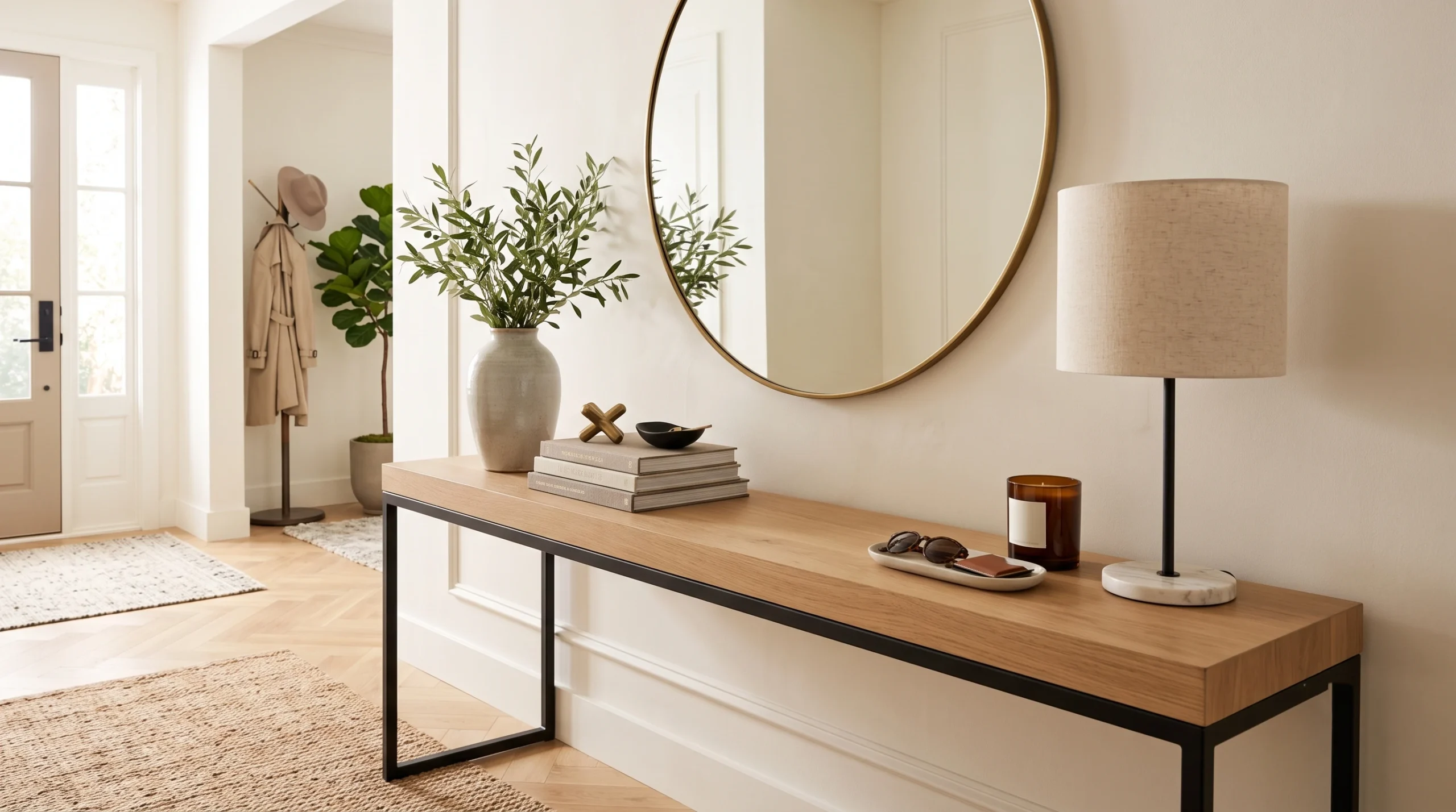 Stylish console table decor featuring curated decorative trays, elegant table lamps, artistic statement objects, and chic botanical accents.