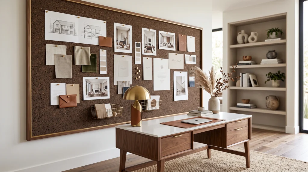 Creative cork board display featuring natural textured materials, pinned aesthetic inspirations, organized memo layouts, and chic functional styling.