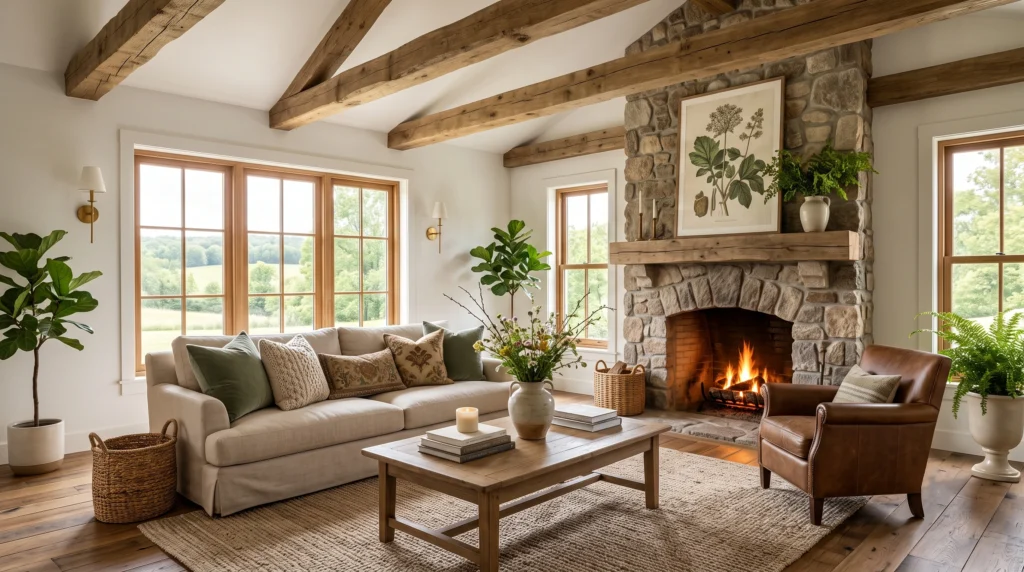 Cozy cottage home decor featuring vintage floral prints, weathered wooden furniture, layered cozy textiles, and charming rustic accents.