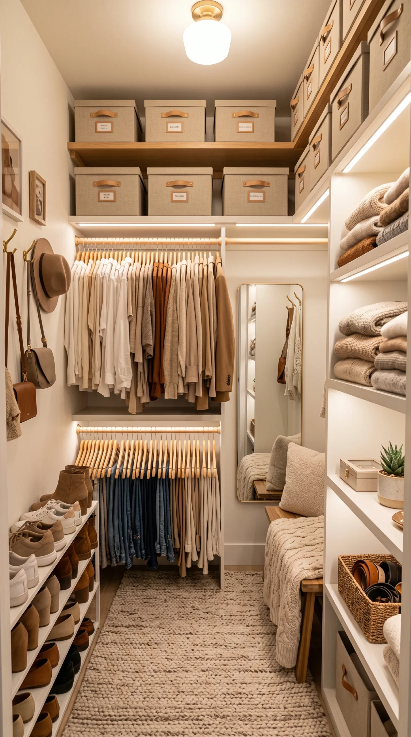 A cozy walk-in closet featuring upper shelves with matching fabric storage bins, hanging clothes sorted by color, a small bench with a knit blanket, and a textured rug.