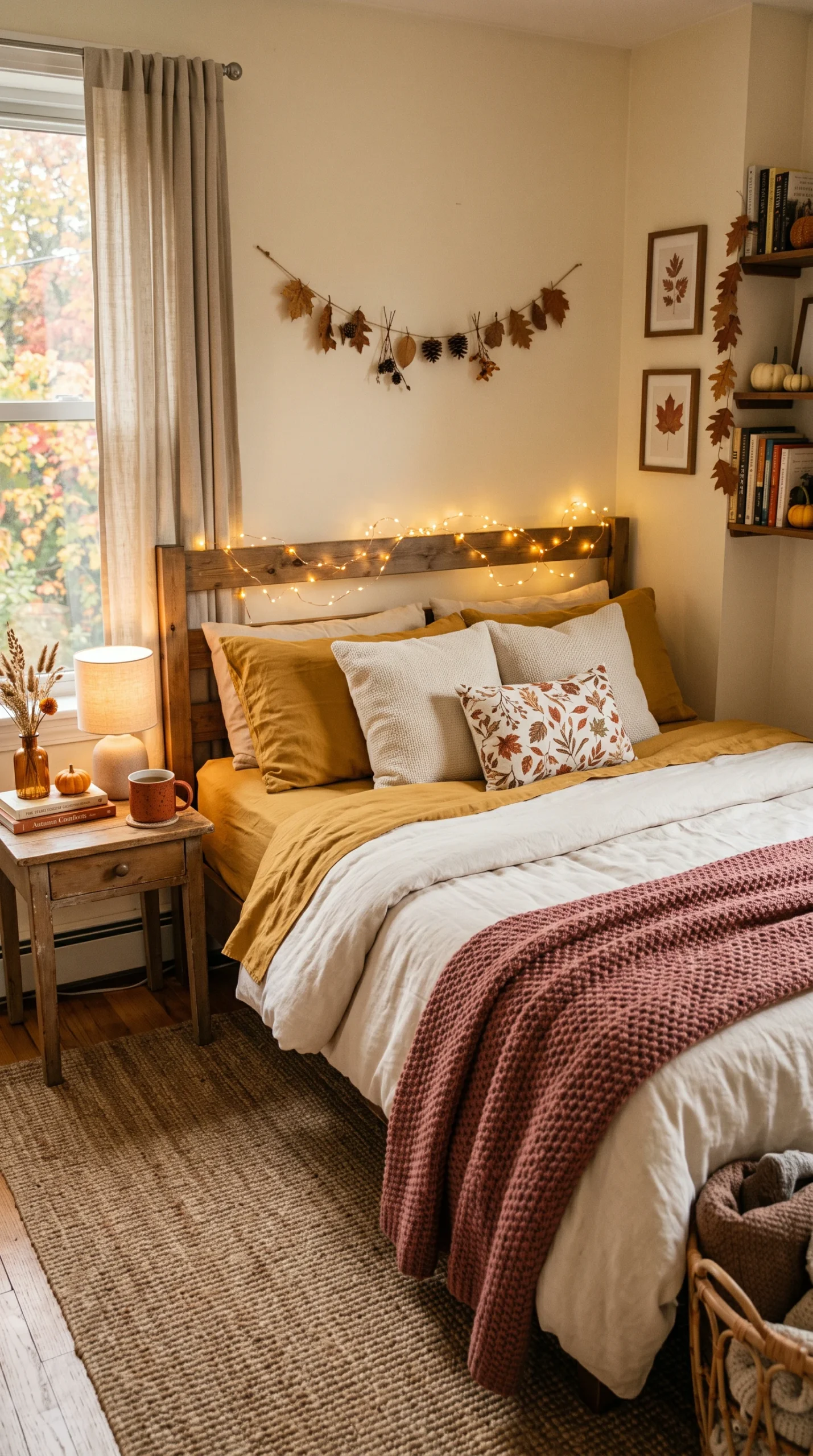 Cozy bedroom decorated for fall featuring a bed with mustard yellow linen sheets, a rosewood pink throw, and fairy lights.