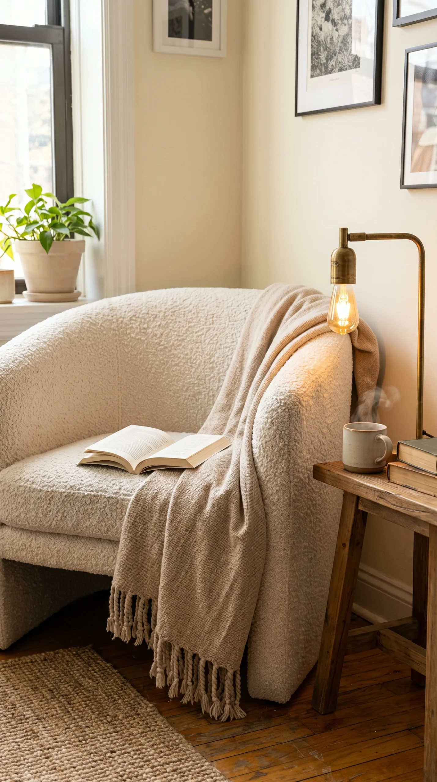 Cozy reading nook with an alabaster white boucle armchair, an oatmeal linen throw blanket, and a glowing brass reading lamp.