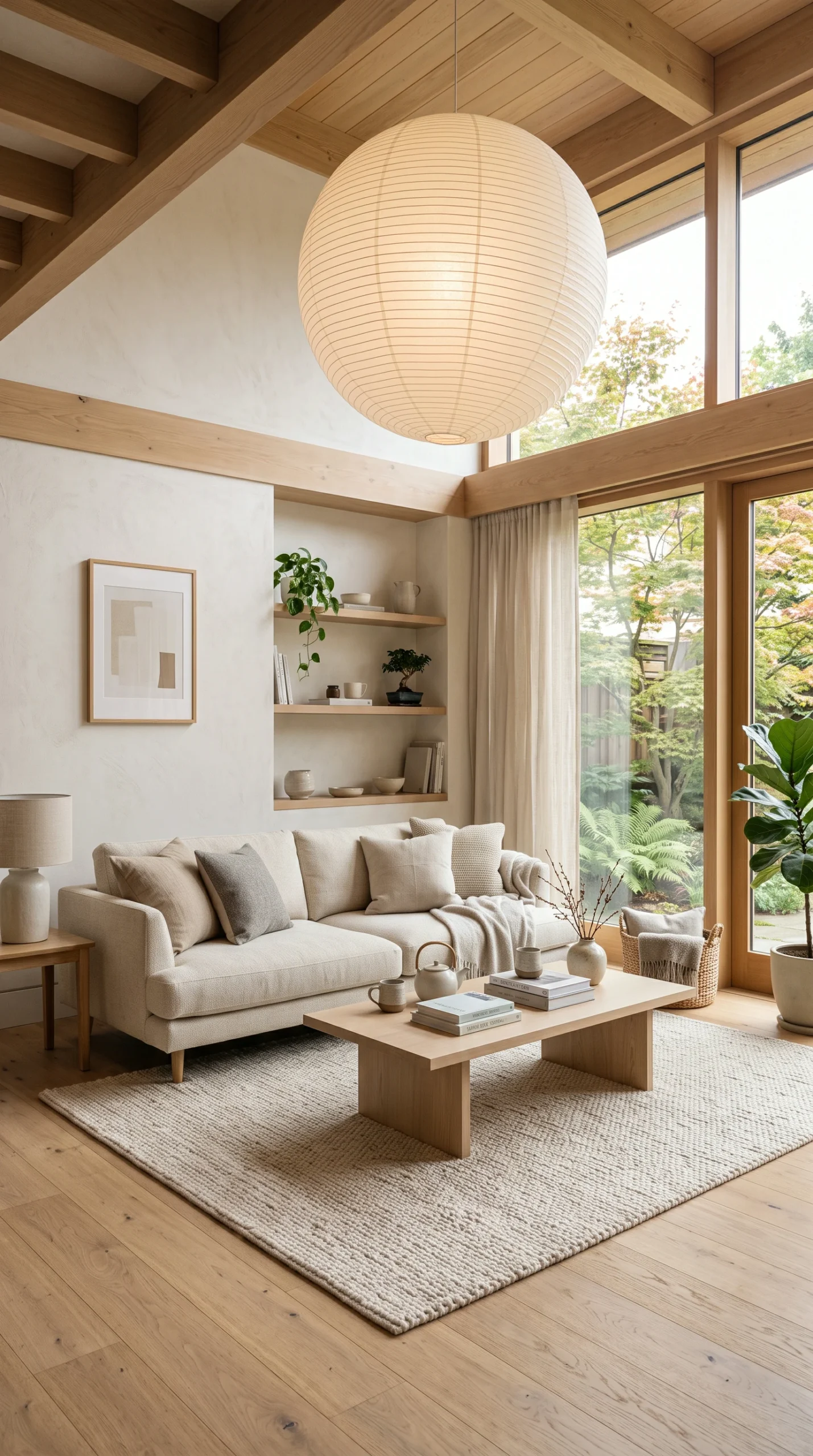 A bright Japandi living room with a cream sofa, light wood coffee table, and a large round paper lantern hanging from a wooden ceiling.