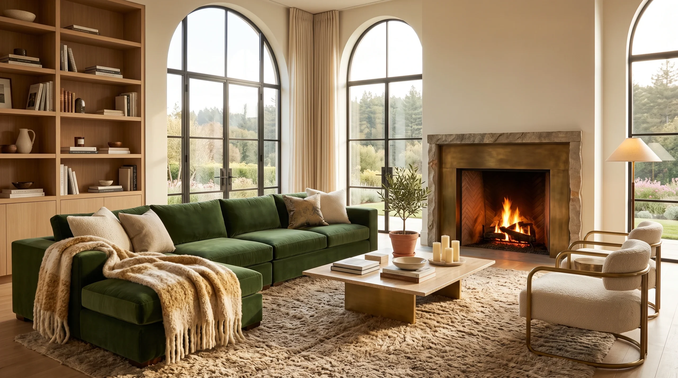 Inviting cozy living room featuring plush layered textiles, warm ambient lighting, comfortable deep-seating sofas, and soft knitted throw blankets.