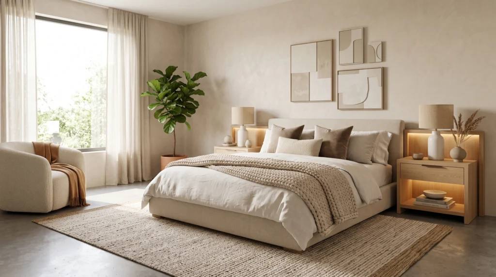 Luxurious master bedroom featuring a soothing cozy neutral color palette, layered tactile fabrics, natural wood accents, and warm ambient lighting.