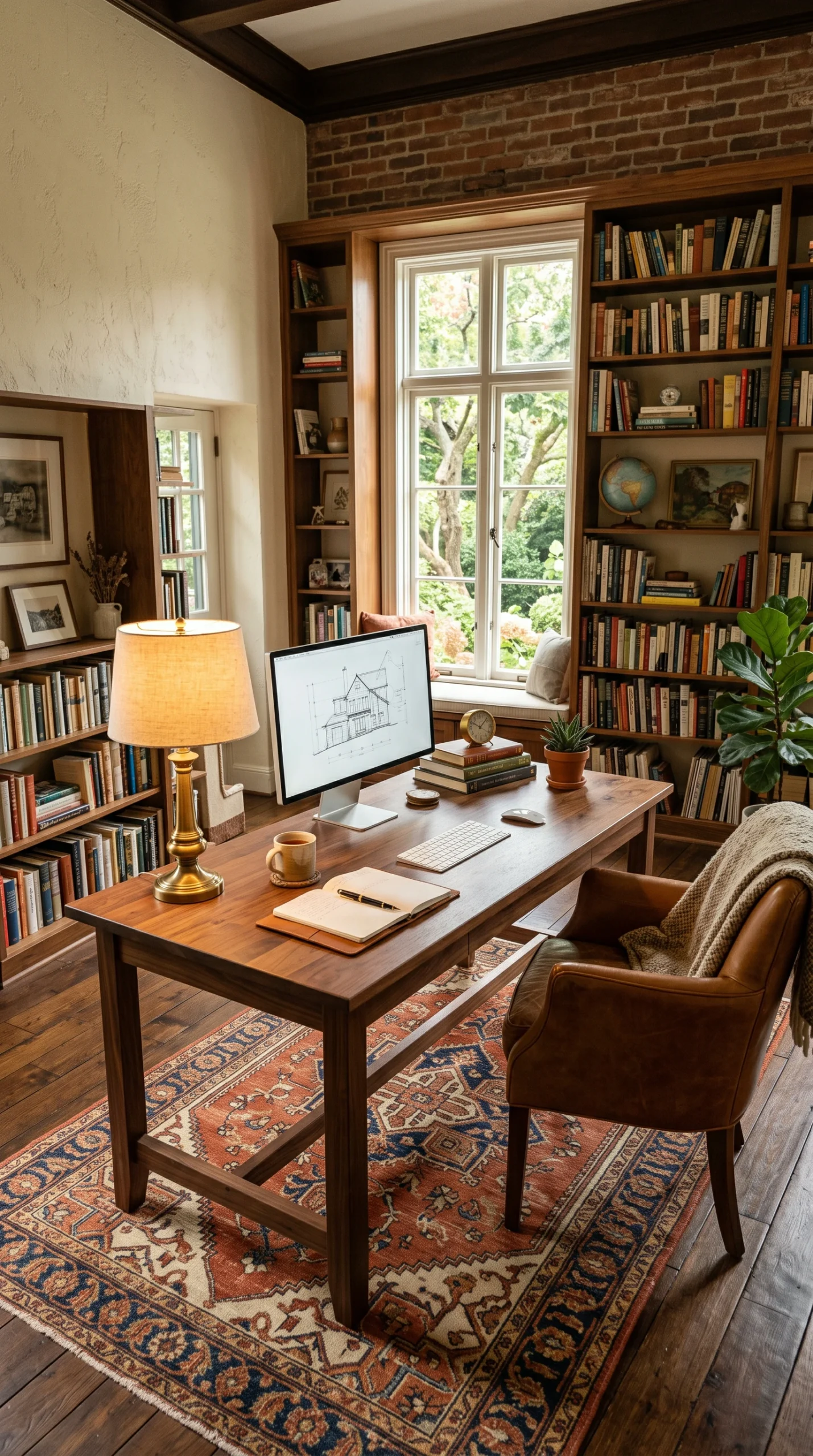 A cozy home office with a walnut wood desk on a patterned vintage rug, built-in bookshelves filled with books, a large window with a garden view, and a comfortable leather chair.