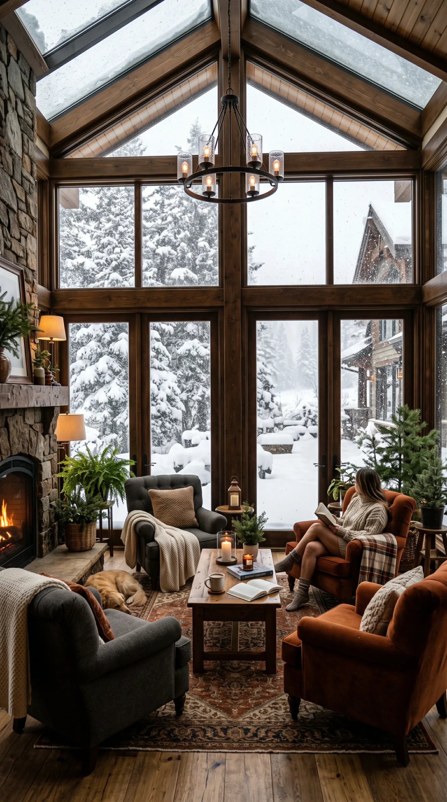 A cozy indoor sunroom with fire and furniture, viewing a heavy winter snowstorm through large windows.