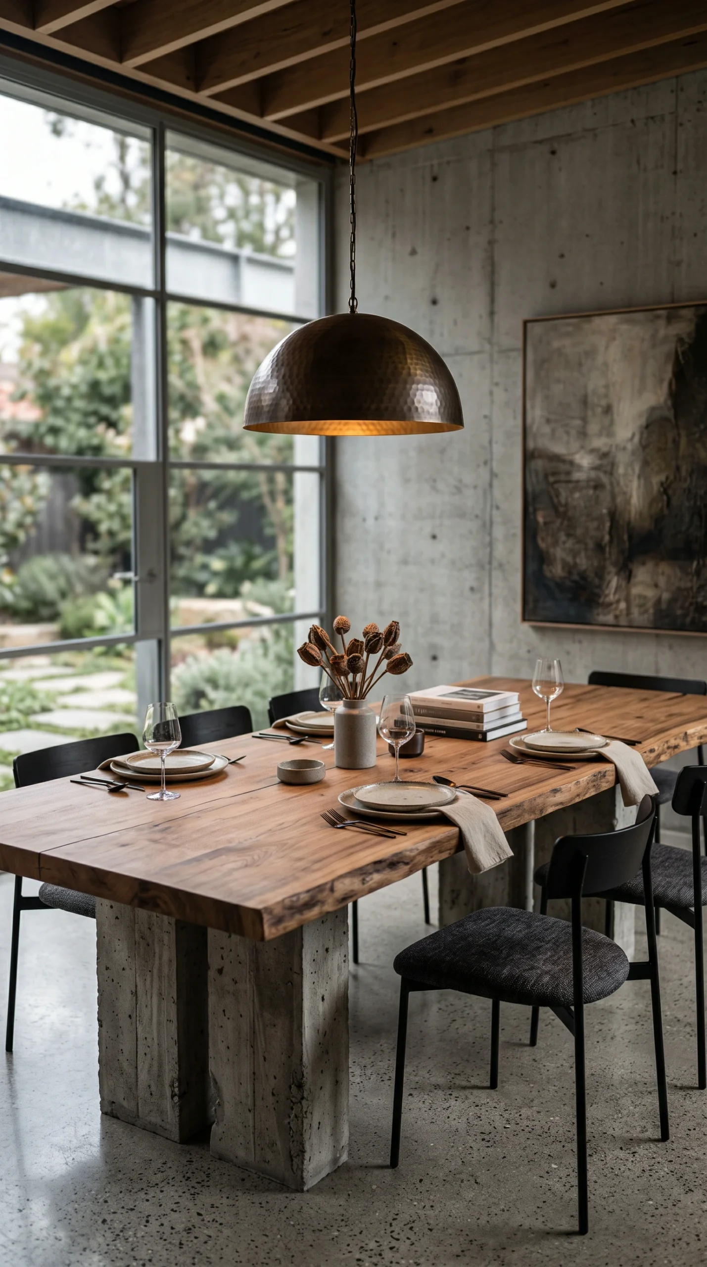 A thick, live-edge wooden dining table resting on heavy concrete pillar legs, surrounded by black dining chairs under a large burnished brass pendant light in a concrete room with large glass doors.