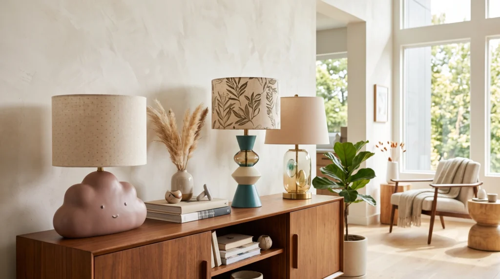 Adorable cute lamp display featuring playful whimsical designs, soft glowing illumination, charming quirky silhouettes, and cozy tabletop styling.